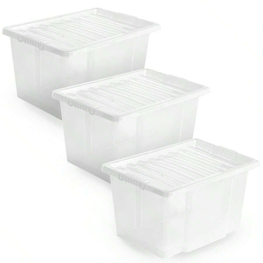 ZYBUX 3 X 50L Clear Plastic Storage Boxes With Clear Lids Set Of 3, Multipurpose Storage Solution, Stackable Boxes For Home & Office 57 X 40 X 33cm - White - View 1