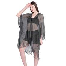 Playa de pareos para mujer,Bufanda plana, chal grande, manga de cinta dorada y plateada, chal con aberturas, blusa de bikini de vacaciones, ropa de protección solar - Negro+Hilo de plata - Ver 3
