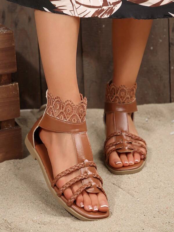 Sweet Flat Open Toe Zipper Back Roman Sandals