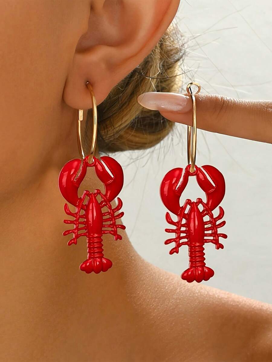 1 对，全新夏季度假海洋风女士耳环，时尚波西米亚海洋生物系列红漆龙虾耳环，非常适合节日派对、生日派对和日常时尚穿着，适合感恩节和圣诞节，送给朋友和同事的最佳礼物