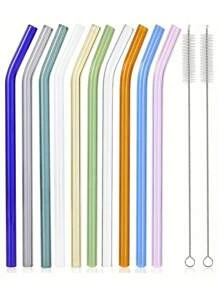 10pcs Reusable Colored Glass Straws With 2 Cleaning Brushes, 20cm(8inch) Colored Glass Straws Suitable For Restaurants, Picnics, Camping, Sports, Milkshakes, Iced Tea, Juice,School Supplies