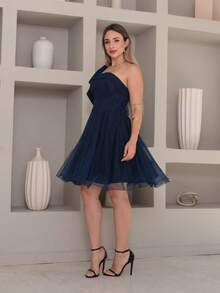 Short Luxury Party Dress With Glitter And One Shoulder Bow - Navy Blue - View 1