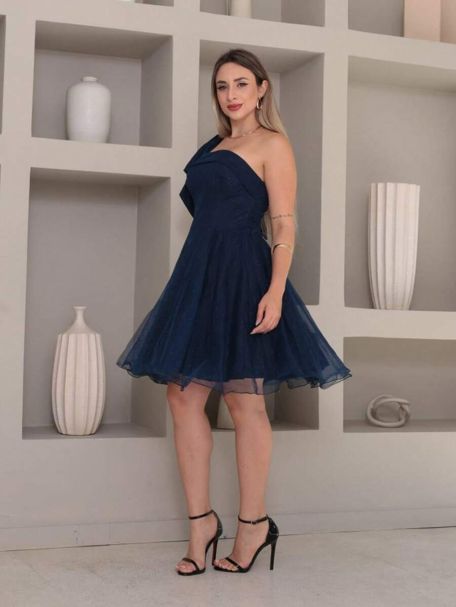 Short Luxury Party Dress With Glitter And One Shoulder Bow - Navy Blue - View 1