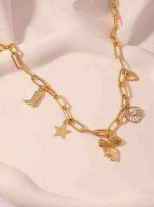 DareSee 1pc Fashion Bow Seashell Charm Pendant Gold Color Alloy Multi-Pendant Necklace, Suitable For Daily Wear And Travel