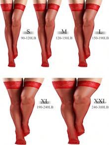 Bencailor 4 Pairs Fishnet Thigh High Stocking For Women Silicone Lace Top Sheer Over Knee Silky Stockings - 紅色 - 查看 3