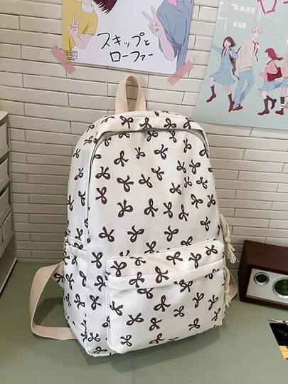 时尚尼龙蝴蝶结印花背包，大容量多口袋休闲百搭背包，适合学生、女士户外旅行，