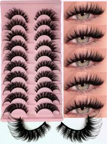 10 pares de pestañas postizas lujosas y esponjosas - Gruesas, onduladas, 3D de volumen, reutilizables, suaves, ligeras, pestañas postizas de imitación de visón para un look de maquillaje dramático de ojos
