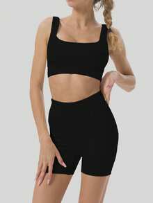 Aaseow Conjunto de 2 peças: Sutiã esportivo feminino sem costura com bojo removível e suporte médio, e shorts de ioga sem costura de cintura alta. - Preto - Ver 3