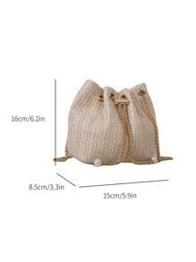 Mini Fashionable Straw Woven Golden Chain Drawstring Bucket Bag, Beach Bag, Vacation Bag For SummerSuitable For Shopping, Wallet, Shopping, Young Women, College Students, Newcomers, White-Collar Workers. Very Suitable For Office, College, Work, Business, Commuting, Outdoor Activities, Travel And Outings