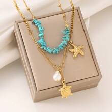 Fashion Creative Dual Layer Turtle & Starfish Blue Crystal Faux Pearl Stainless Steel Chain Necklace