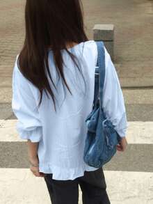 Spring New Asymmetric Hem Striped Long Sleeve Shirt For Women, Loose Fit With Double Pockets - Blue - View 3