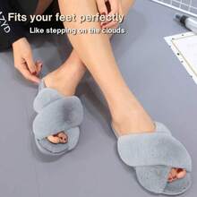 Local Delivery--LZLER Women's Cross Band Slippers, Soft Plush Fleece Lightweight Non Slip Open Toe Flip Flop Shoes House Indoor Outdoor Fur Fuzzy Slippers - 灰色 - 查看 3