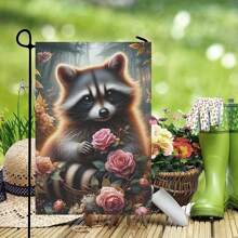 1 Süßer Waschbär 2D Garten City - Beständige Polyesterfaser, mit leuchtend rosa Rosen und sonnigen Waldszenen auf einer Seite Muster, perfekt für Sommerdekoration im Garten, Outdoor-Banner, 30 * 45cm/70 * 100cm, Outdoor-Gartendekoration | Verspieltes Tiermotiv | Strapazierfähiger horizontaler Outdoor-Banner, Waschbär Deko Fotorequisite