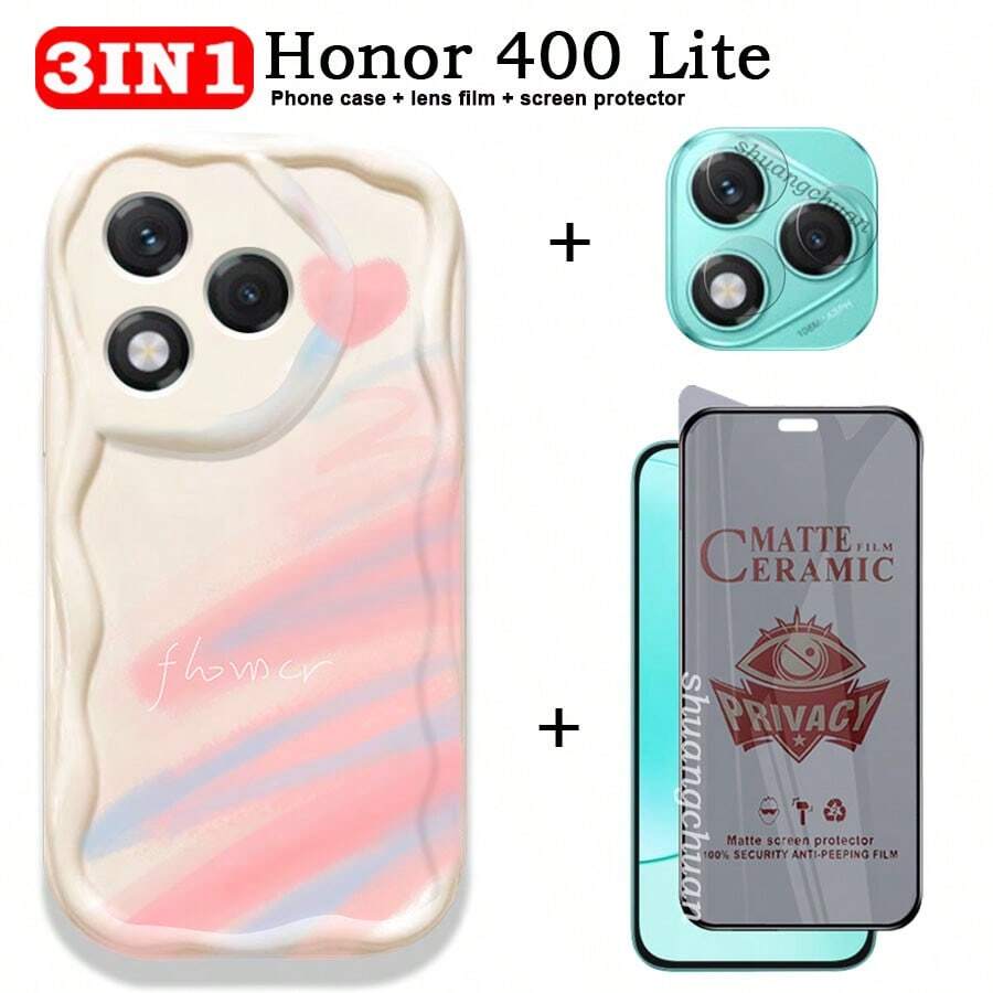 3-In-1 For Honor 400 Lite Screen Protector Set: Cream Shockproof Phone Case, Film Screen Protector, Ceramic Lens Protector, Anti-Peeping Tempered Glass Membrane