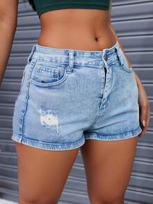 Pantalones cortos vaqueros de talle medio en azul claro con rotos, modernos y versátiles - Lavado ligero - Ver 3