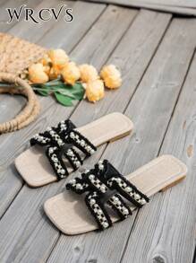 WRCVS Damen Flache Sandalen mit bestickten, Cut Out Kunstperlen, zufälliges florales Boho Beach Resort Outdoor Schuhe