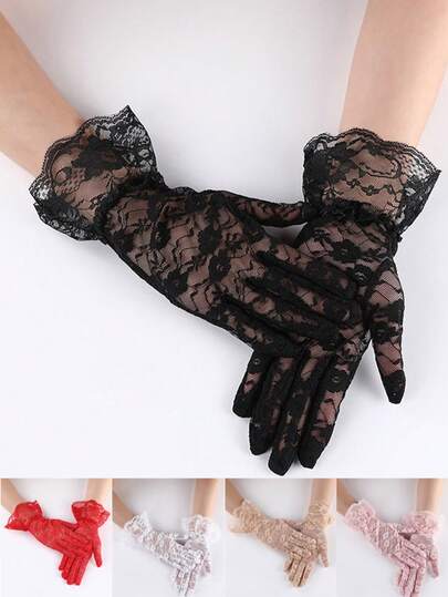 1双女士蕾丝花朵优雅性感手套，适合晚会和茶会