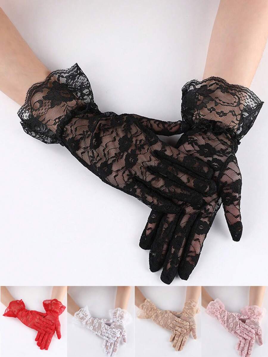 1双女士蕾丝花朵优雅性感手套，适合晚会和茶会 - 彩色 - 查看 1