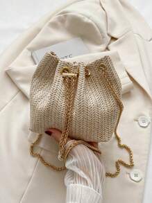 Mini Fashionable Straw Woven Golden Chain Drawstring Bucket Bag, Beach Bag, Vacation Bag For SummerSuitable For Shopping, Wallet, Shopping, Young Women, College Students, Newcomers, White-Collar Workers. Very Suitable For Office, College, Work, Business, Commuting, Outdoor Activities, Travel And Outings