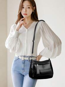 Túi đeo chéo nữ nhiều lớp đơn giản màu đen cổ điển, sức chứa lớn, túi đeo vai bằng da PU chống thấm nước, vải mềm, ba lô đeo vai, ví cầm tay - màu đen - Xem 4