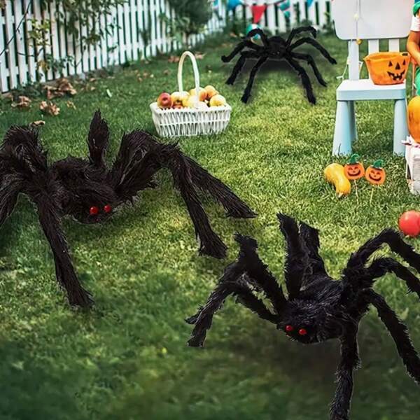 Set de 3 arañas gigantes falsas y peludas para decoración de Halloween - Realistas y espeluznantes, aptas para decoración interior/exterior, fiesta de jardín y decoración de habitaciones