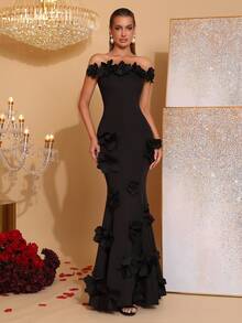 Modisches 3D Blumen Off-Shoulder rückenfreies Bodycon-Kleid, schwarz, neues Design, geeignet für Brautjungfer, Party, Hochzeit, Abendgarderobe