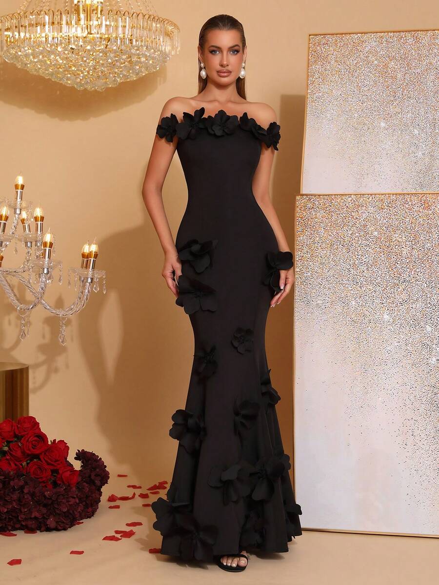 Modisches 3D Blumen Off-Shoulder rückenfreies Bodycon-Kleid, schwarz, neues Design, geeignet für Brautjungfer, Party, Hochzeit, Abendgarderobe