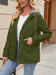 女士长款连帽雨衣，轻便休闲雨衣，全拉链设计，适合徒步旅行，女士户外防风外套，轻薄款，春夏款 - 軍綠色 - 查看 4