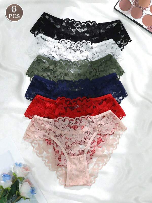 Set da 6 pezzi di mutandine da donna eleganti in pizzo, a vita media, modello bikini senza cuciture