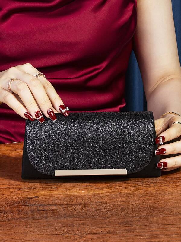 1pc Shiny Envelope Style Clutch Bag, Can Be Handheld Or Crossbody, Classic Minimalist Design With Silver Metal Trim Decor, Excellent Accessory To Elevate Elegance For Evening Events, Weddings, Parties