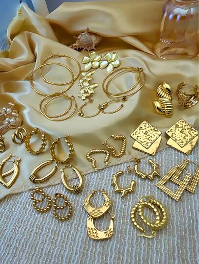 Set de 20 piezas de pendientes de acero inoxidable con diseños de flor, moño, alas y otras formas geométricas, minimalistas y de moda, adecuados para el uso diario de las mujeres