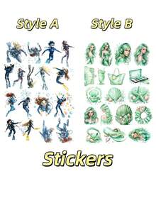 17/18 piezas Conjunto de pegatinas de buceadora de dibujos animados en acuarela/Sirena moderna en acuarela menta, para decorar artículos de papelería, cuadernos, planificadores, fundas de teléfono, equipaje, guitarras, botellas de agua