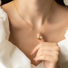 1 件时尚简约女士沙滩项链，带贝壳和珍珠，适合女士和女孩上班、日常穿着、旅行、约会、派对、夏季、珠宝、沙滩配饰，可作为礼物 - 金色 - 查看 3