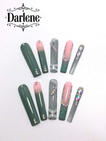 10-Piece 5.5 Square Pure Hand-Made Wearable Nails For Summer Manicure: Orange Blush Powder Small Flower Carving, Bowknot French Gradient, Modeling Gel Three-Dimensional Carving, Deep V Sugar Powder French Blue Gradient, Mirror Powder Purple French Three-Dimensional Cherry Smudge, Five-Color Gradient. Personalized, Elegant And Versatile, Suitable For Parties. Press On Nails Nail Supplies Nails