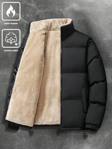 Men's Solid Color Long Sleeve Zipper Front Stand Collar Fleece Padded Coat , Zip-Up Business Casual Padded Coat, Autumn/Winter Outdoor Padded Coat,Thick Thermal Lined, Commuter Wear, Black Outerwear Men Men Jacket Winter , Fall - Black - View 8