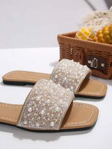 大码女式一脚蹬水钻凉鞋，休闲百搭平底户外塑料夏季拖鞋 - 棕色 - 查看 7