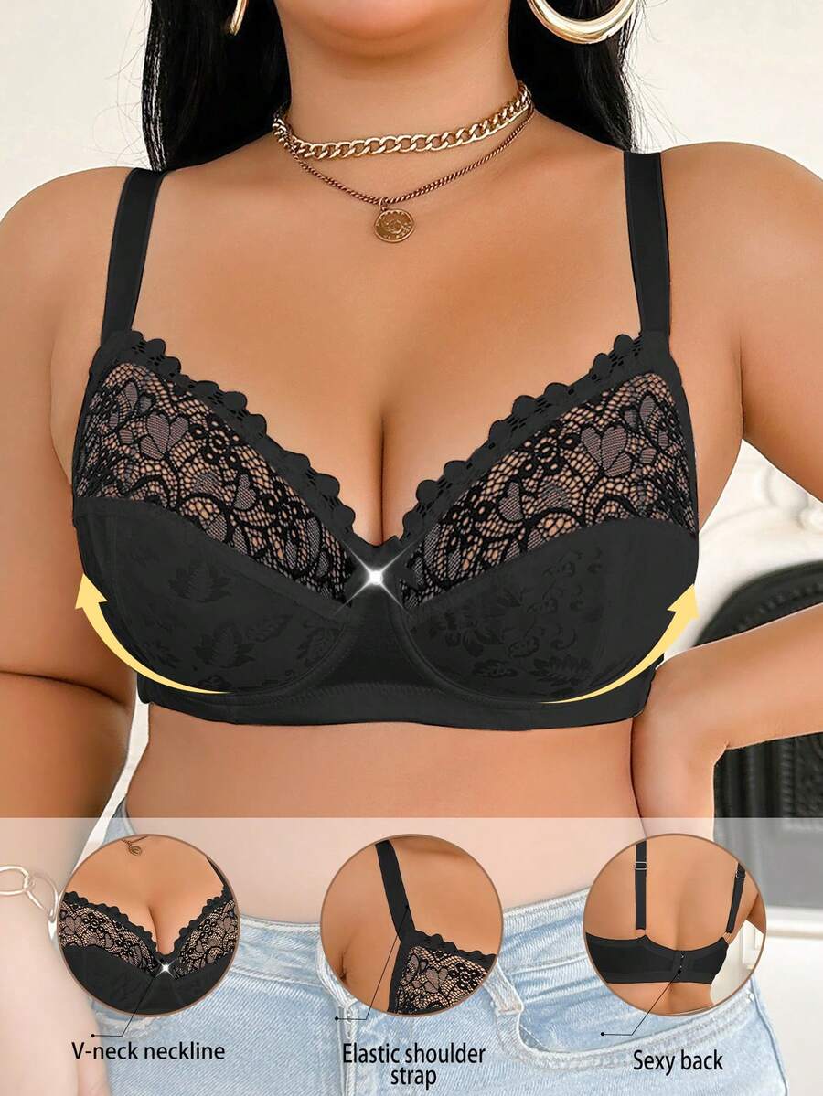 Sutien de zi cu zi confortabil, cu armătură, din bumbac, pentru femei, mărime plus, cu lifting - Negru - Vizualizare 1