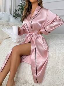 1 件女士优雅奢华 V 领腰带设计浴袍，时尚简约家居服女士性感开衫浴袍，长款浴袍，四季皆宜，浴室浴袍，长款睡衣，浴室睡衣，家居睡衣，适用于客厅、卧室、厨房、旅行、学校返校 - 粉色 - 查看 6