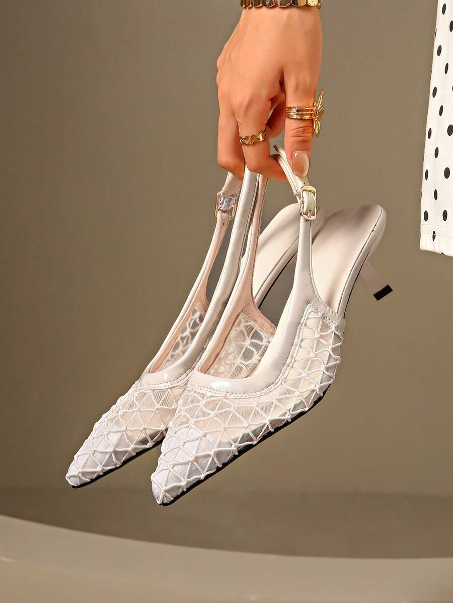 夏季新款针织方头凉鞋女薄款高跟透气网面露跟凉鞋