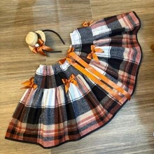 Saia Flanela Xadrez Cobre/Preta/Branca Junina com Tiara Adulto