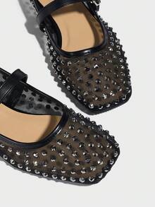 Black Crystal Hollow Out Thin Mesh Summer Ballet Flats With Rhinestone, Breathable, Suitable For Dress - Black - View 9
