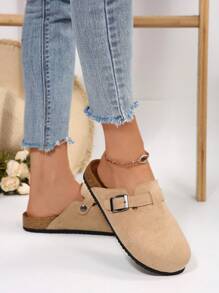 New Women's Thick Sole Round Toe Slip-On Mules, Canvas Apricot Color, Fashion Outdoor Slippers, All Season
