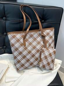 经典图案女士手提包，大容量单肩包，时尚工作包，配有小零钱包