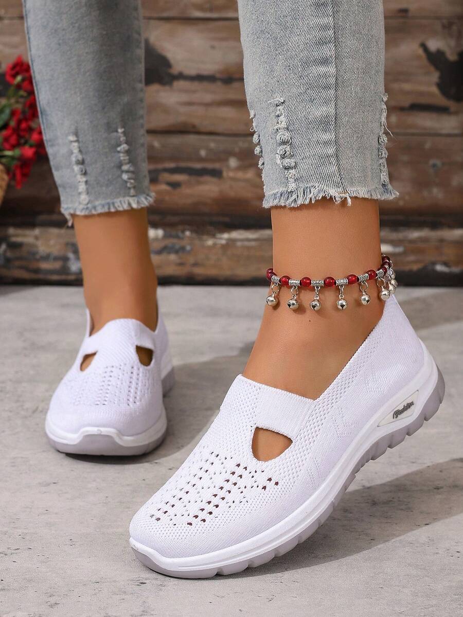 女士时尚百搭厚底乐福鞋，镂空纯色一脚蹬休闲运动鞋，防滑透气面料鞋，适合派对、聚会、室内、通勤、中性风格、春秋季