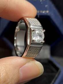 1 pieza Anillo de diseño geométrico elegante de plata S925 con piedra sintética de circonita brillante, regalo de joyería de alta calidad para hombres, anillo de compromiso - Plateado - Ver 4