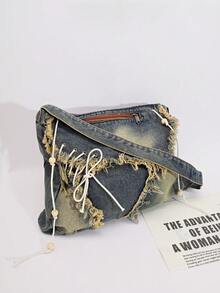 DareSee 西部复古风单肩包，褪色牛仔布斜挎包，大容量拉链轻便设计，牛仔女郎单肩包，西部风女士手提包，波西米亚风女士包，适合音乐节、Y2K 节、返校季、秋季、圣诞节、冬季等各种场合，也是圣诞礼物的理想之选。