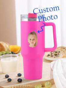 1pc Customized Water Bottle With Personal /Car Image, 40OZ Handle Insulated Tumbler, Stainless Steel Large Capacity Cooling Straw Vacuum Cup For Juice, Coffee, Multipurpose Use, Women, Graduation Gift, Birthday, Festival Personalized Gift