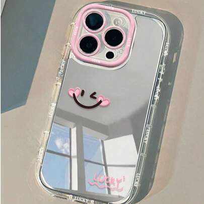 1 pieza Funda de teléfono con espejo a prueba de golpes y de moda, con cara sonriente de mejillas sonrosadas, LUCKY, borde de lente de color creativo de 1.5 mm de grosor, carcasa dura de PC de doble capa, compatible con iPhone 16/16 Pro/16 Pro Max/16 Plus/15/14/13/12/11/16E, a prueba de agua, anti-caída, resistente a los arañazos, regalo de primavera, regalo de cumpleaños