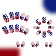 24Pcs 1-Box Short Glossy Red & Blue Glitter Stripes American Flag Nail Art, Patriotic 4th Of July Wearable, Perfect For Independence Day Parties, Essential For American Beauty Enthusiasts (2025 New Arrival)!