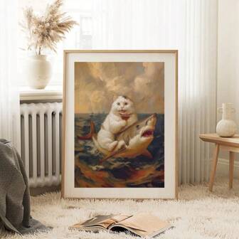 1 pieza/Set Divertida pintura en lienzo de pared del baño con arte renacentista, gato extraño y excéntrico montado en un tiburón, decoración de pared para el baño o el hogar, ideal como regalo, sin marco